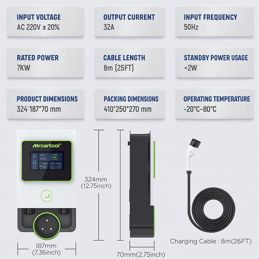 MRCARTOOL S311 EV Charging Station - 32A 7KW With 8M Cable - Scheduled Charge Wall Mount Electric Vehicle Charger Type 2