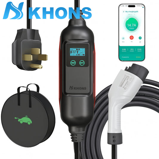 Khons EV Charger 220V 7kW 32A - Connector NEMA 14-50 Plug 16FT TPU Cable WIFI/APP For Models 3/Y/S/X