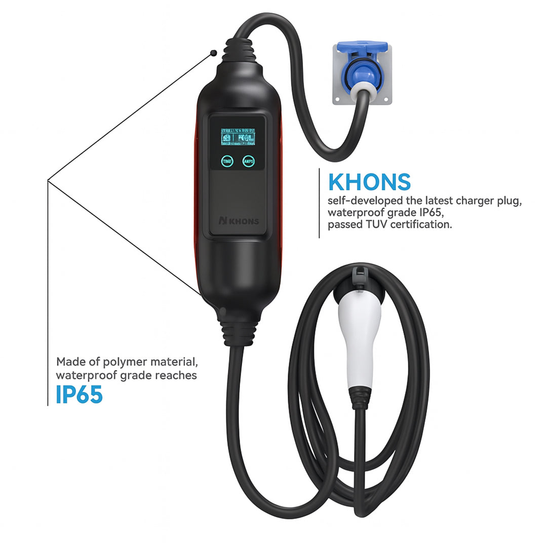Khons EV Charger 220V 7kW 32A - Connector NEMA 14-50 Plug 16FT TPU Cable WIFI/APP For Models 3/Y/S/X