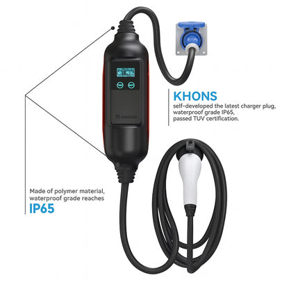 Khons EV Charger 220V 7kW 32A - Connector NEMA 14-50 Plug 16FT TPU Cable WIFI/APP For Models 3/Y/S/X