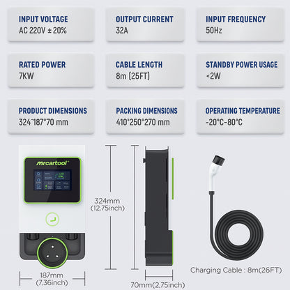 MRCARTOOL S311 EV Charging Station - 32A 7KW With 8M Cable -  Scheduled Charge Wall Mount Electric Vehicle Charger Type 2
